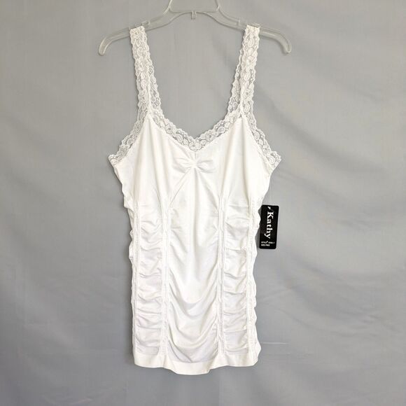 Kathy Tops - Y2K Womens One Size White Lace Babydoll Cami Tank Top Ruched Romantic Fairy